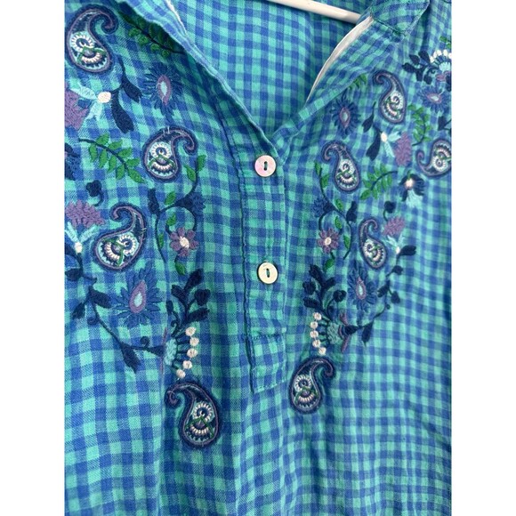 Multiples Blue Plaid Embroidered Tunic Mixed Fabric Top Boho Peasant Blouse OX - Picture 6 of 9